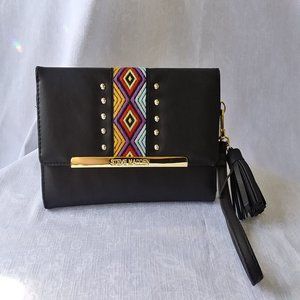 Steve Madden Black and Gold Studded Clutch Wristlet or Wallet with Tassel